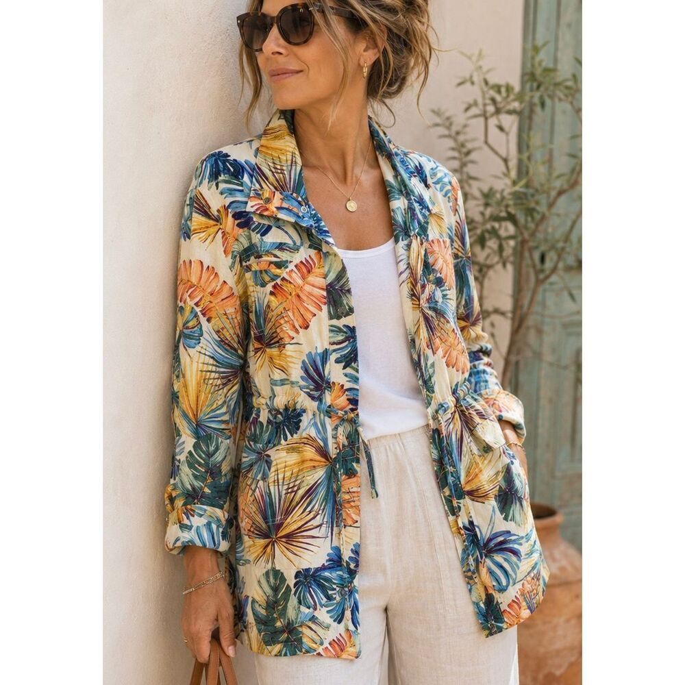 Chico’s 100% Linen Tropical Palm Utility Jacket Top Women’s 3 16/18